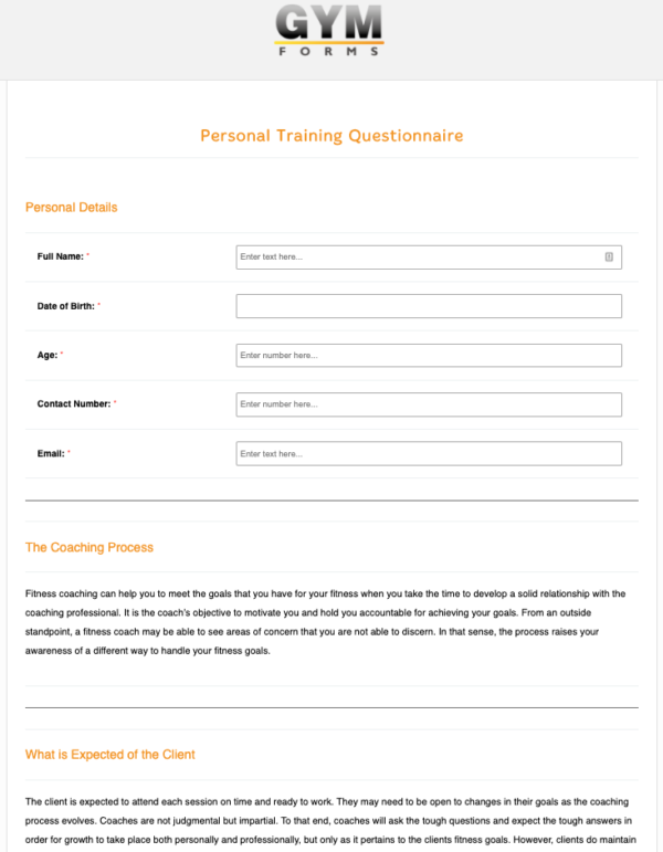Personal Training Questionnaire Form Online Forms Free