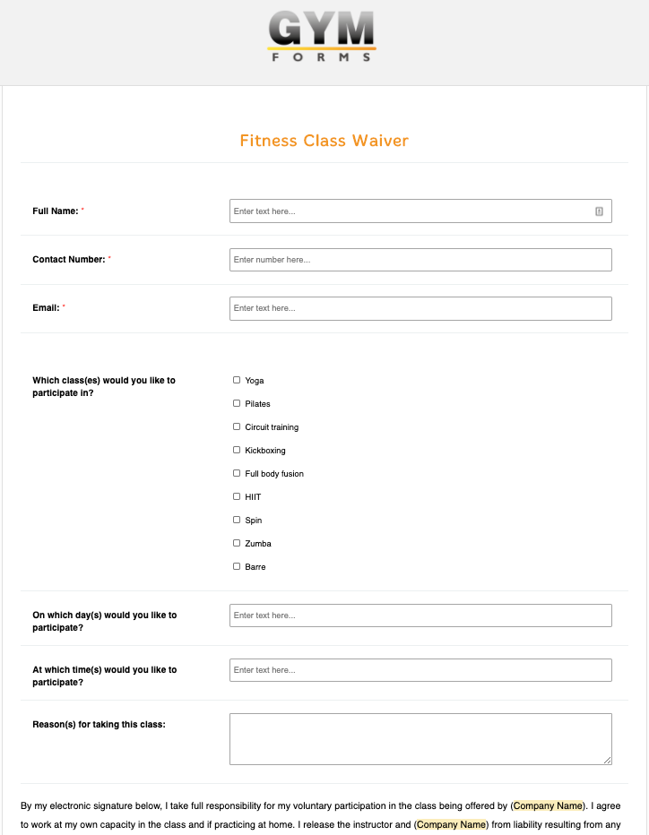Gym Class Registration Form