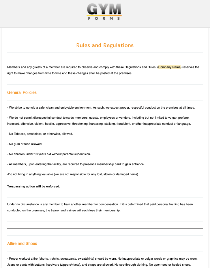 Rules and Regulations Form